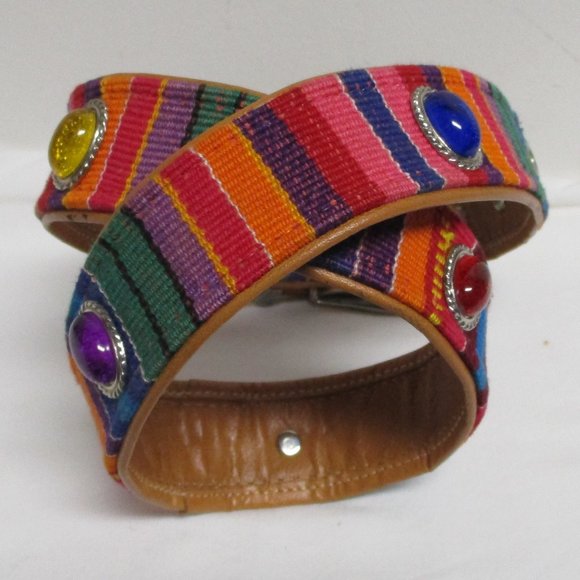 ***SOLD*** Southwestern Colorful Striped Woven Belt sz M Cabochon Conchos - Picture 6 of 7